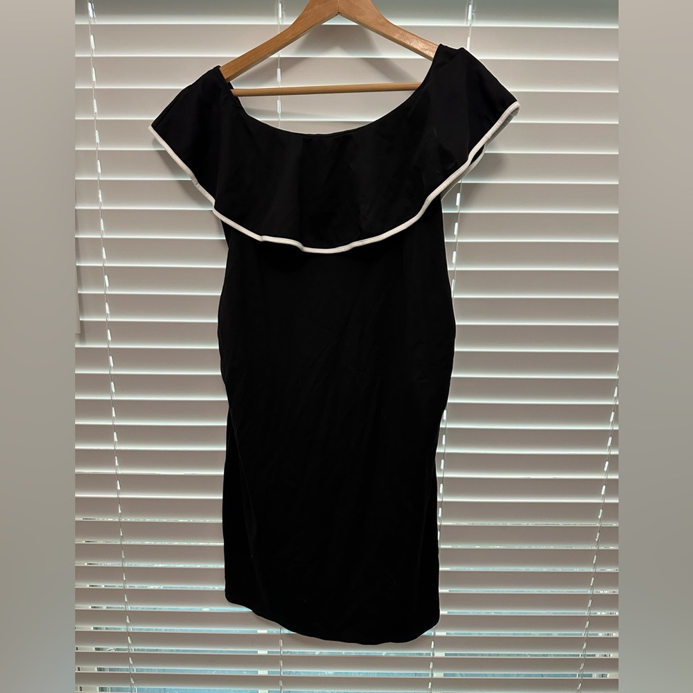 Pinkblush Black Off-Shoulder Dress with White Trim Ruffle